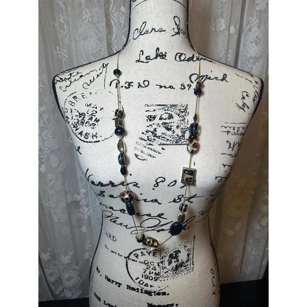 Long Black & Gold Beaded Statement Necklace – Leopard Print Accents